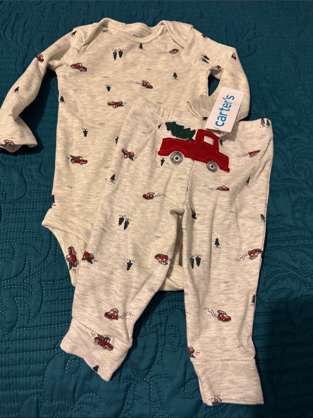 Carter's Christmas tree print onesie & Pants Set with Red Truck Accent